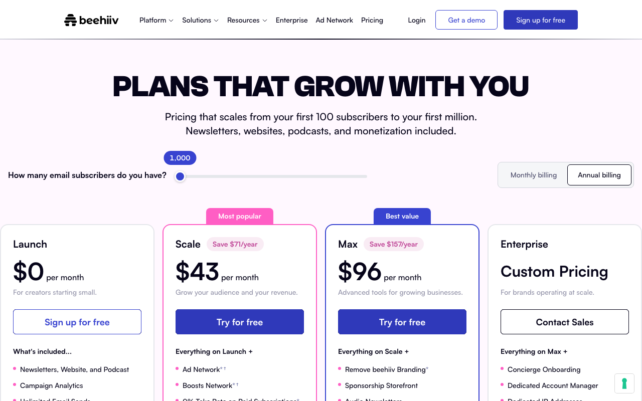 Тарифы beehiiv
