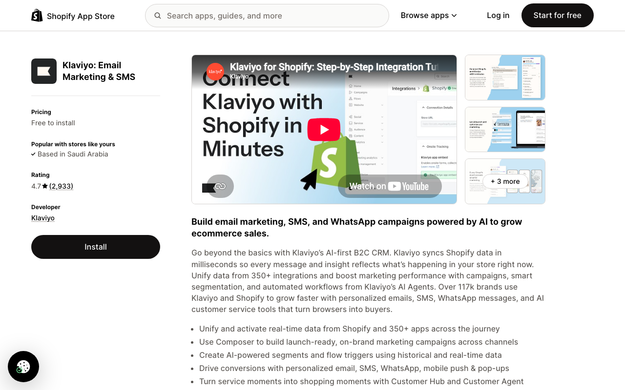 Страница Klaviyo в Shopify App Store
