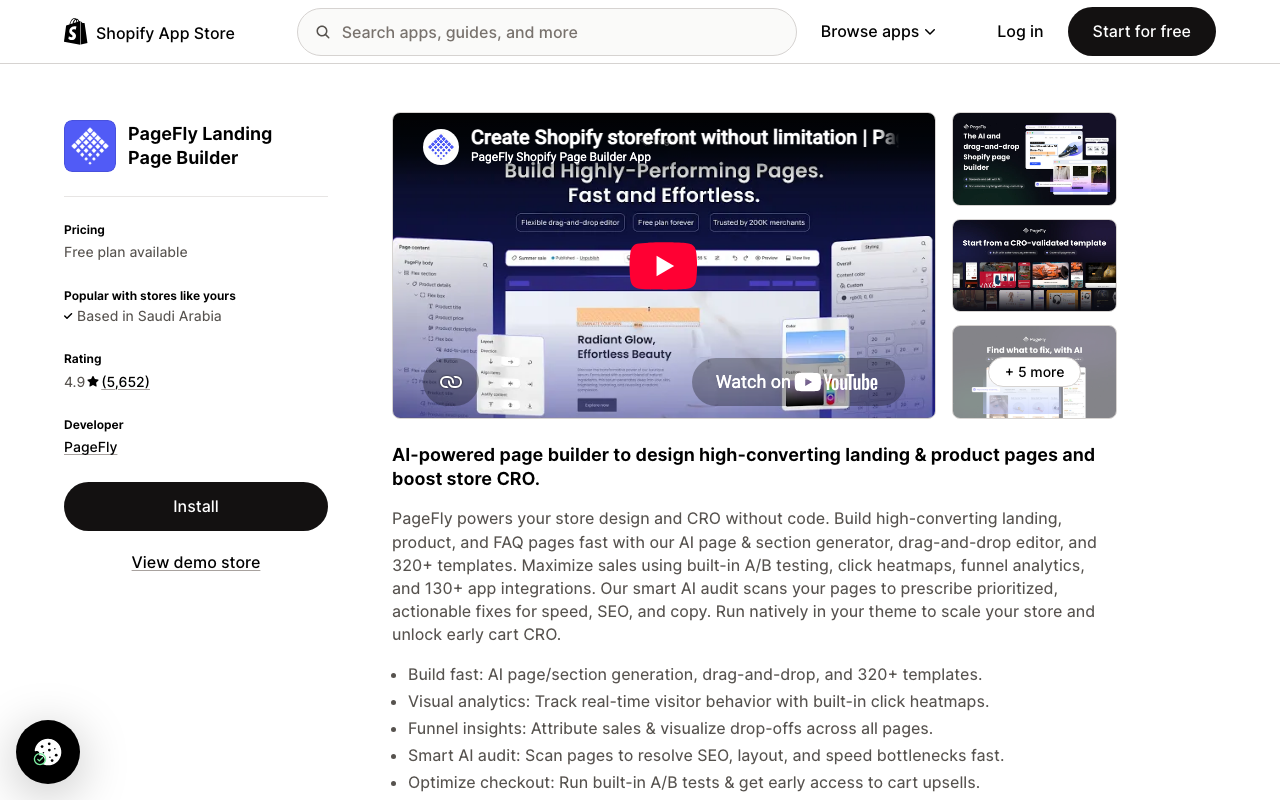 Страница PageFly в Shopify App Store