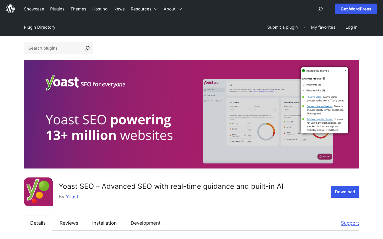 Страница плагина Yoast SEO в каталоге WordPress.org