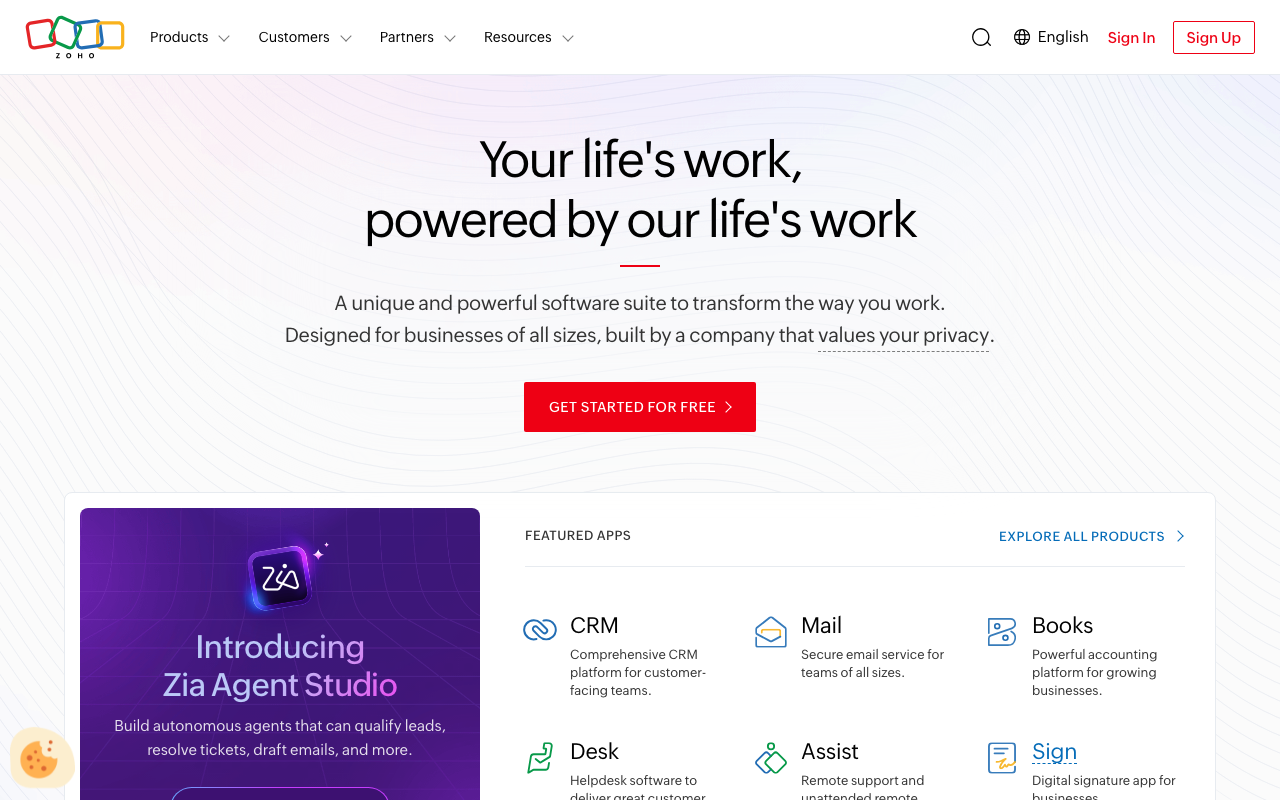 Главная страница Zoho