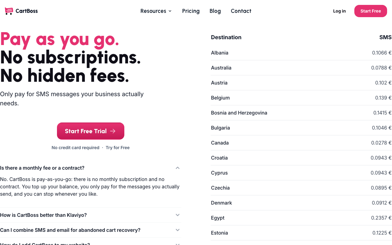 Прайс CartBoss: цена за сообщение по странам