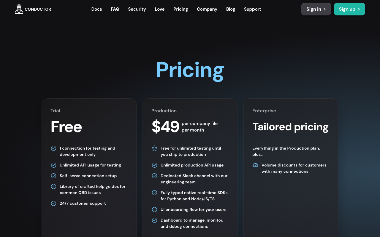 Тарифы Conductor: бесплатный тест, $49 за файл компании, отдельные условия для крупных