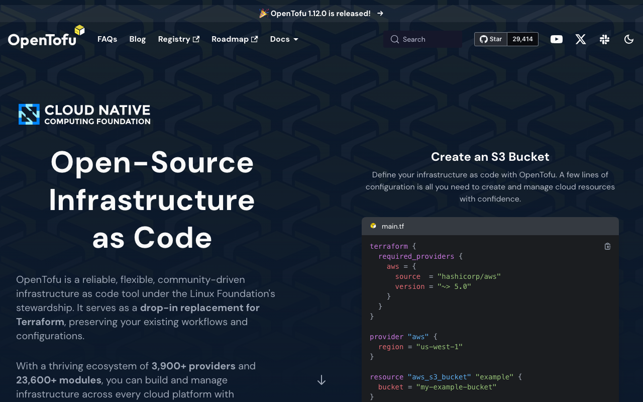 Главная страница OpenTofu — форка Terraform под управлением Linux Foundation