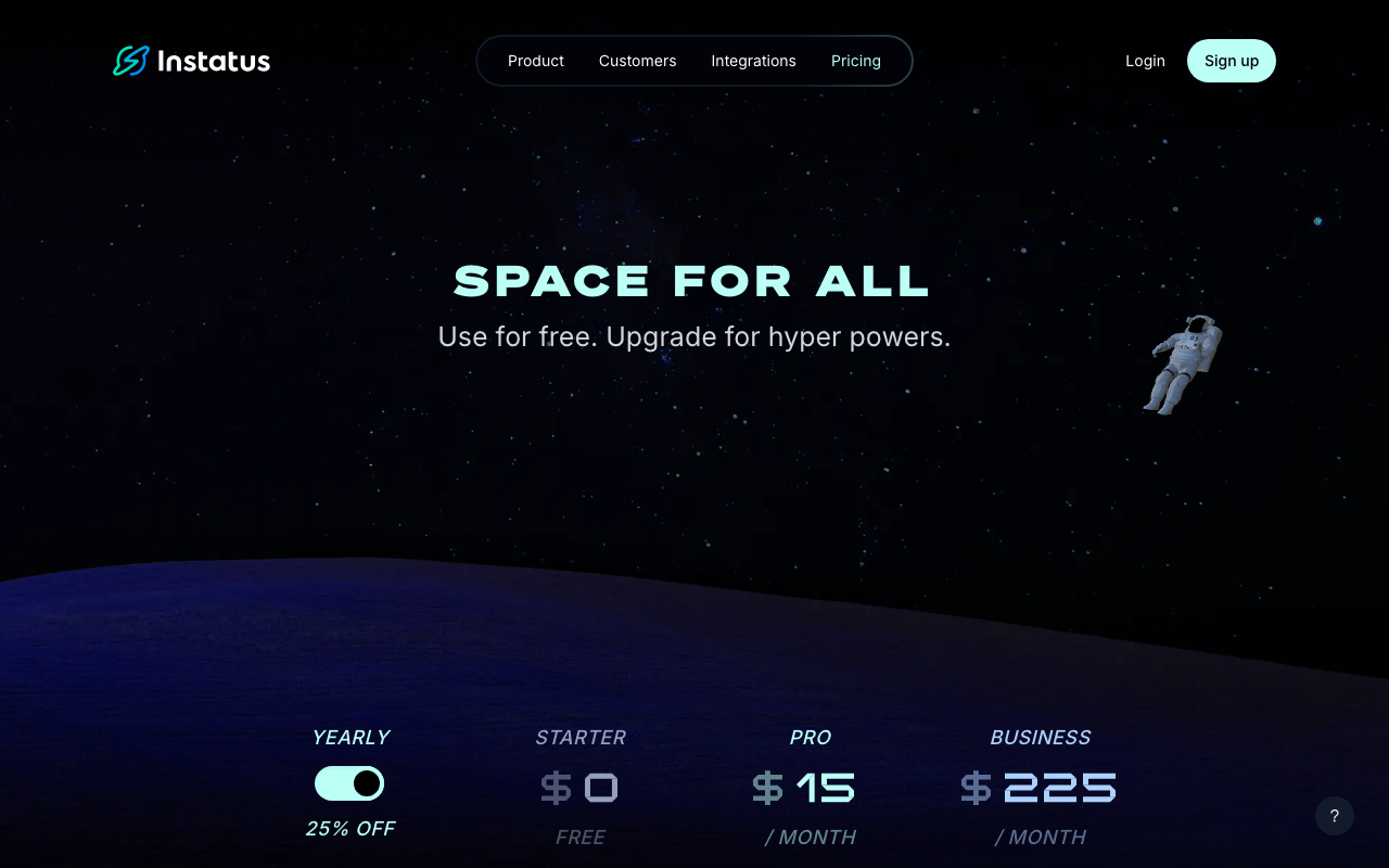 Тарифы Instatus: Starter бесплатно, Pro $15, Business $225 в месяц при годовой оплате