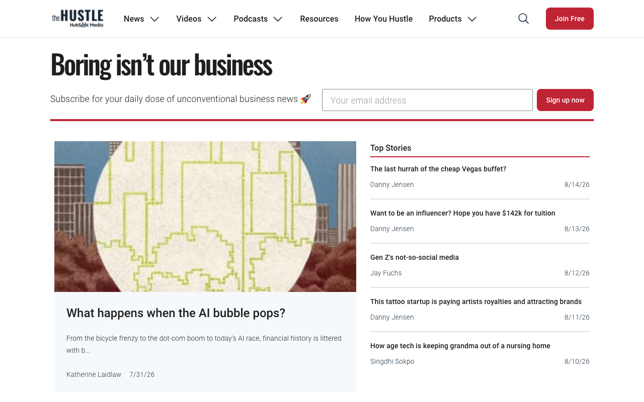 The Hustle сегодня — часть HubSpot Media: подписка на входе бесплатная, а деньги издателю приносит не читатель.