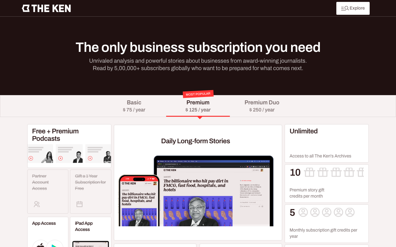 Тарифы The Ken: $75, $125 и $250 в год. Индийское издание живёт на подписке и не продаёт рекламу.