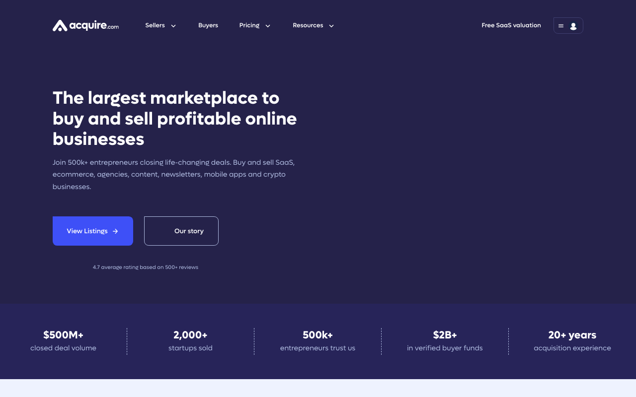 Главная страница Acquire.com