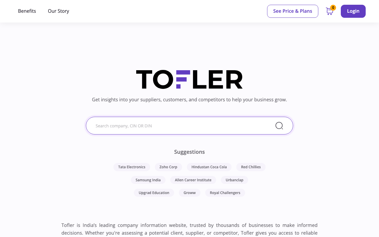 Главная страница индийского сервиса Tofler