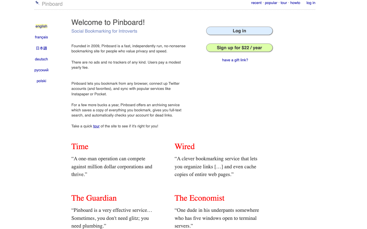 Главная страница Pinboard