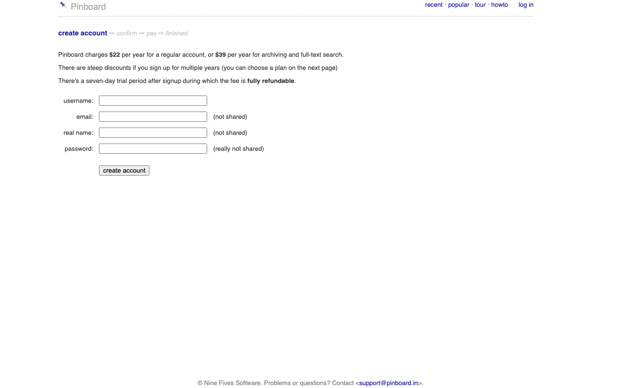 Страница регистрации Pinboard