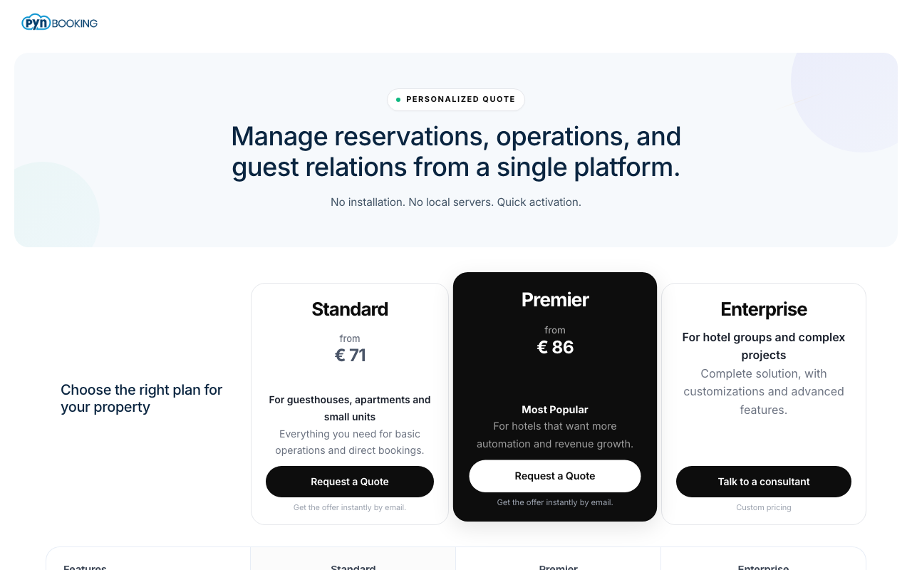 Страница цен Pynbooking
