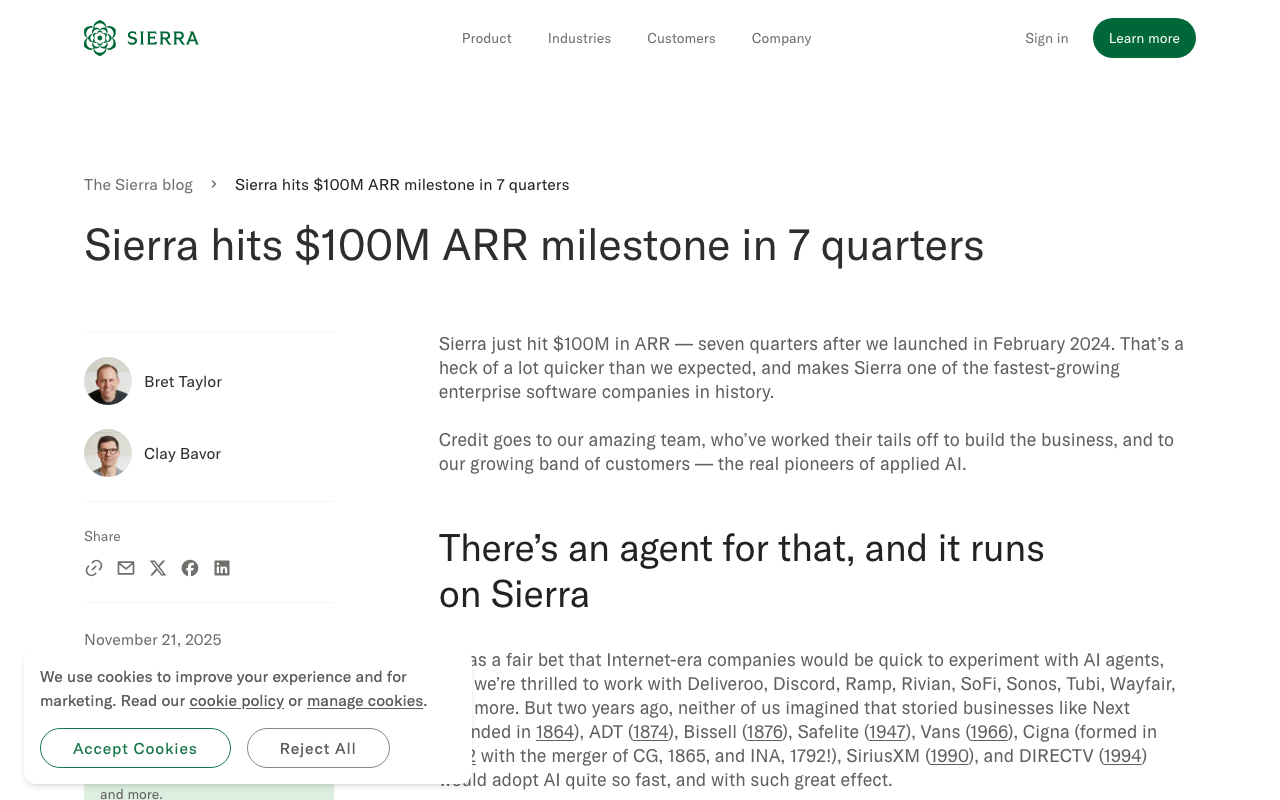 Блог Sierra: $100M ARR за 7 кварталов